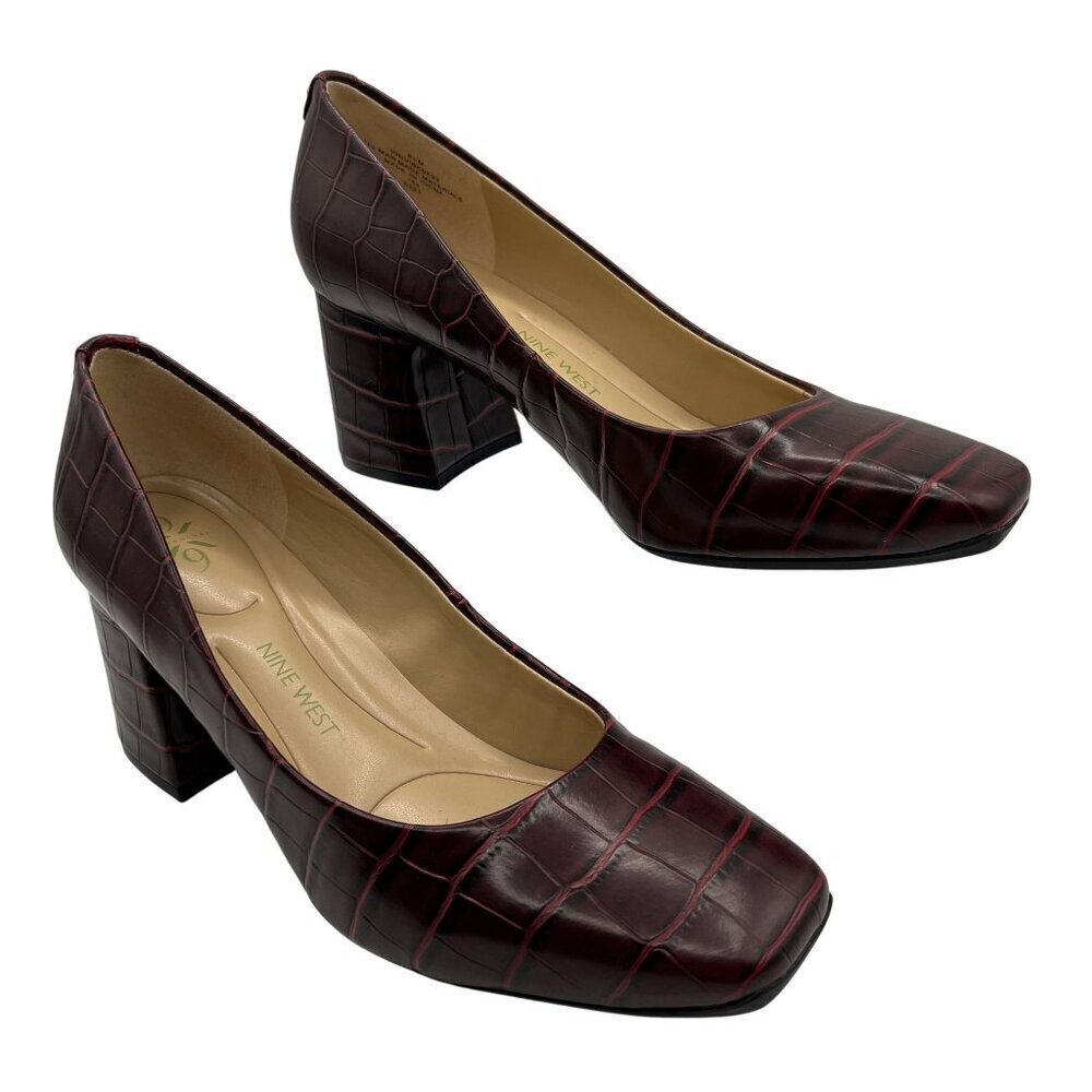Nine West Womens 8.5M Burgundy Textured Pump Block Heel Comfort Shoes Office